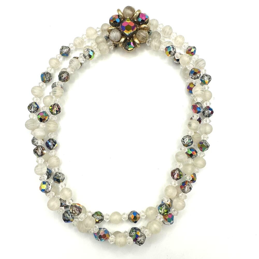 Vintage 3 strand watermelon AB aurora borealis white art glass beaded necklace